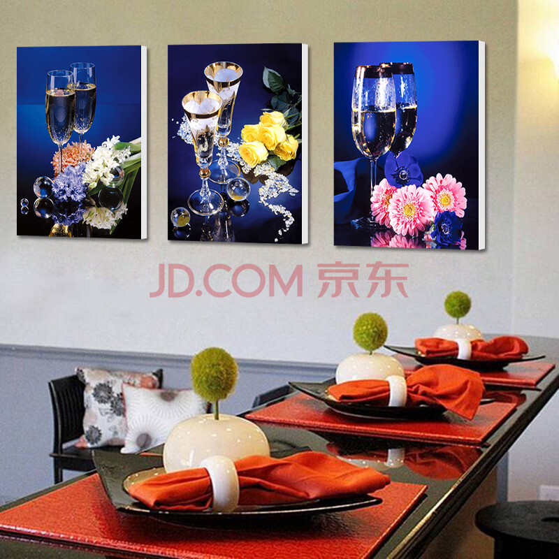 瑞尚现代餐厅装饰画客厅壁画背景墙画饭厅挂画三联无框画冰晶画酒杯 h