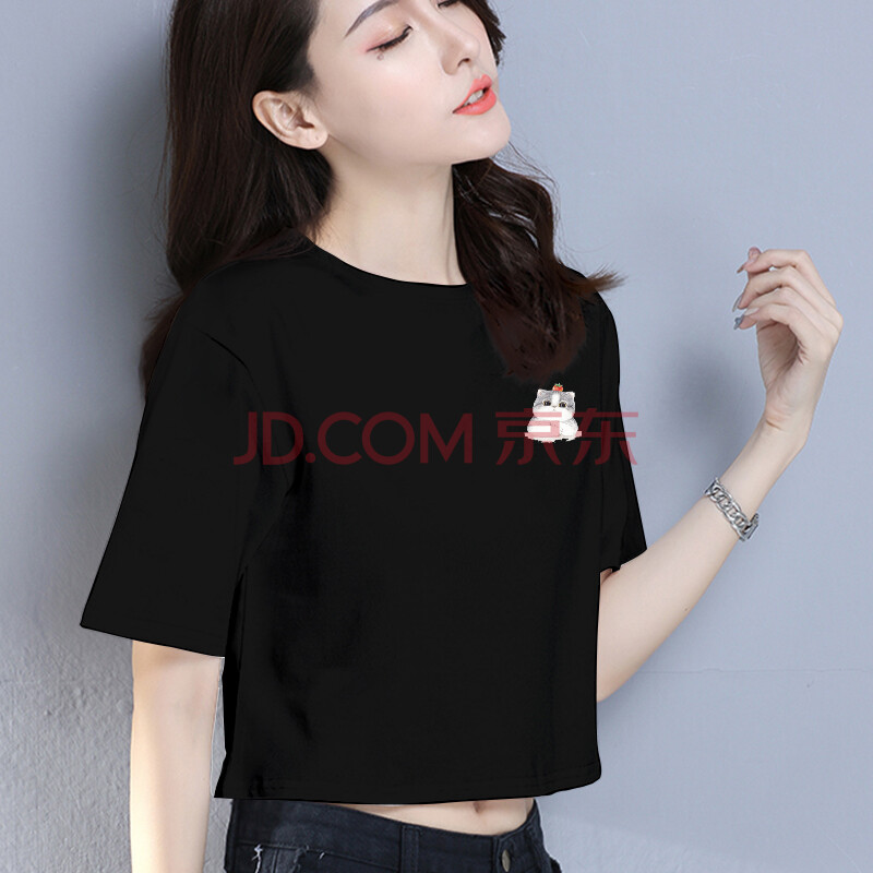 高腰短款漏肚脐黑色短袖t恤女宽脐上衣2019性感体恤夏天 黑色印花小猫