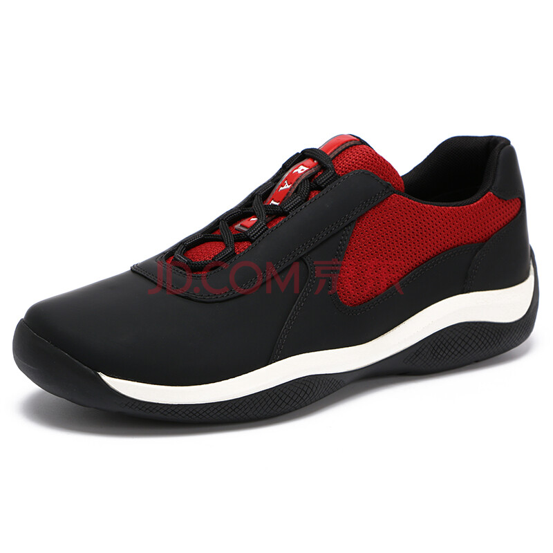 PRADA ÆÕÀ´ï ÄÐÊ¿ºÚÉ«Åäºìɫ֯ÎïÅäÏð½ºÆ½µ×ϵ´øÐÝÏÐЬ 4E2905 101G F0SW2 7.5/41.5Âë