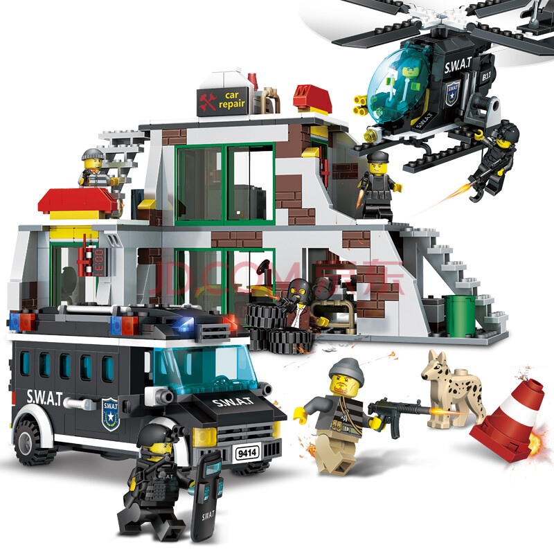 特警警察局兼容乐高直升机拼装玩具儿童早教玩具 9414袭击恐怖分子