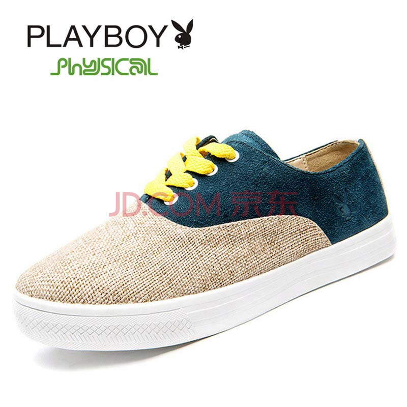 花花公子(PLAYBOY)英伦透气潮男板鞋耐磨拼接低帮系带休闲帆布男鞋 米藏兰 44