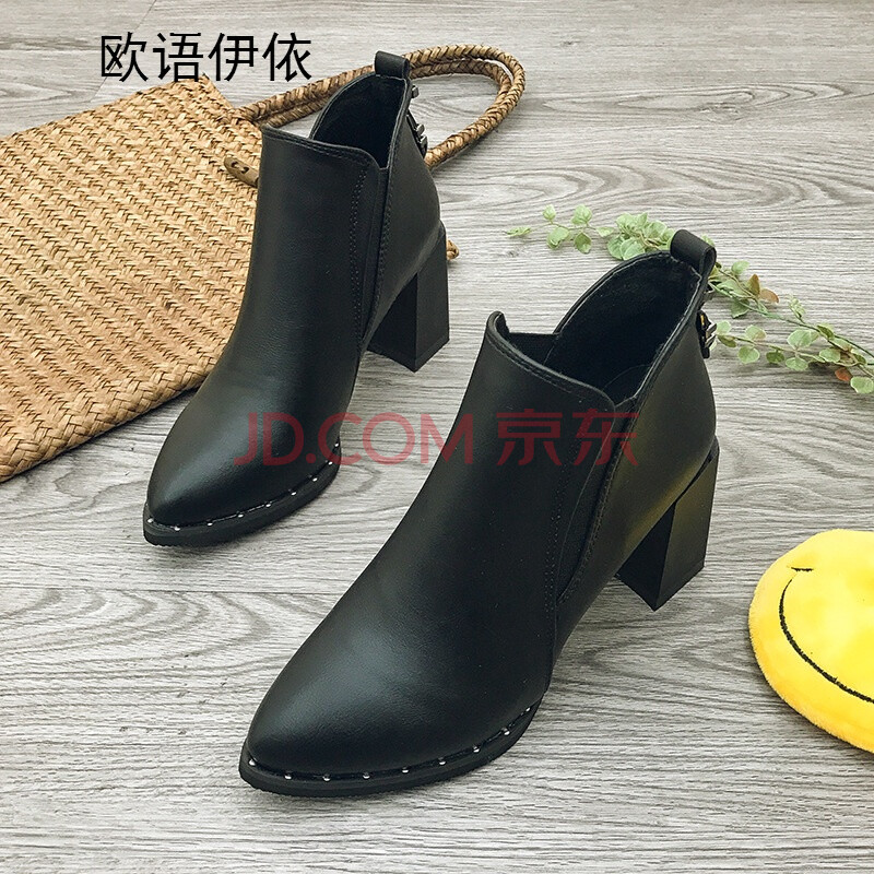 歐語伊依 高跟女短靴潮顯瘦側拉鏈女鞋靴短筒尖頭中跟馬丁靴 RHQ 黑色 38