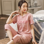 中老年人睡衣七分长睡裤中年妈妈睡衣女夏季纯棉短袖七分裤套装夏天薄