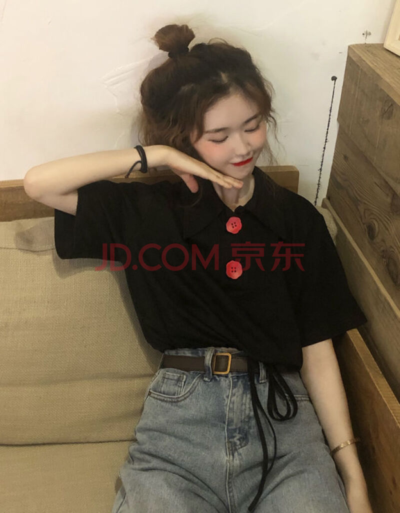 泫雅风衣服2020新品韩版网红短款polo衫上衣百搭宽松短袖t恤女夏 黑色