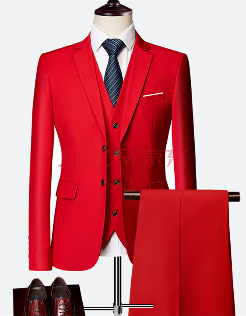 男三件套2020春新款男士职业装商务休闲西装新郎结婚礼服外套 红色 m