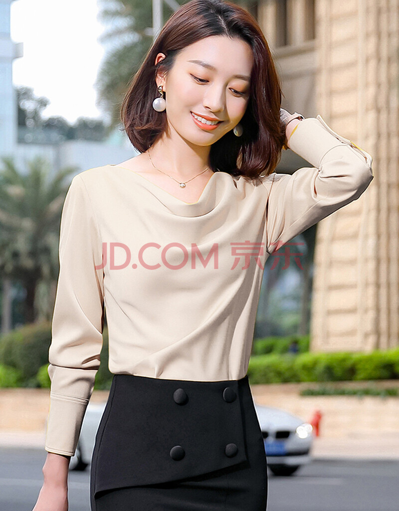 特洛曼长袖衬衫女气质时尚休闲春秋新品职业女装上衣显瘦打底堆堆领