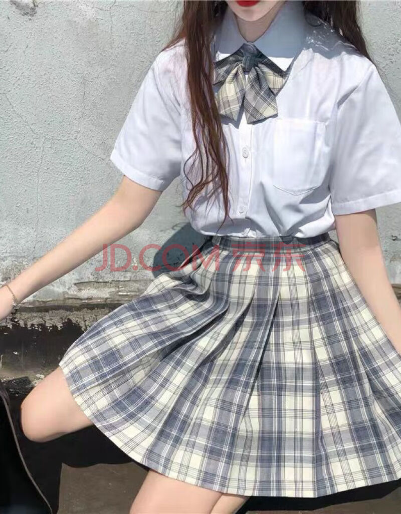 百褶裙套装女学生韩版学院风短格裙两件套 白色短袖衬衫 领结 灰蓝色