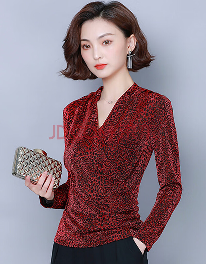 南极人 品牌女装亮丝豹纹网纱打底衫女v领内搭长袖t恤秋季大码修身