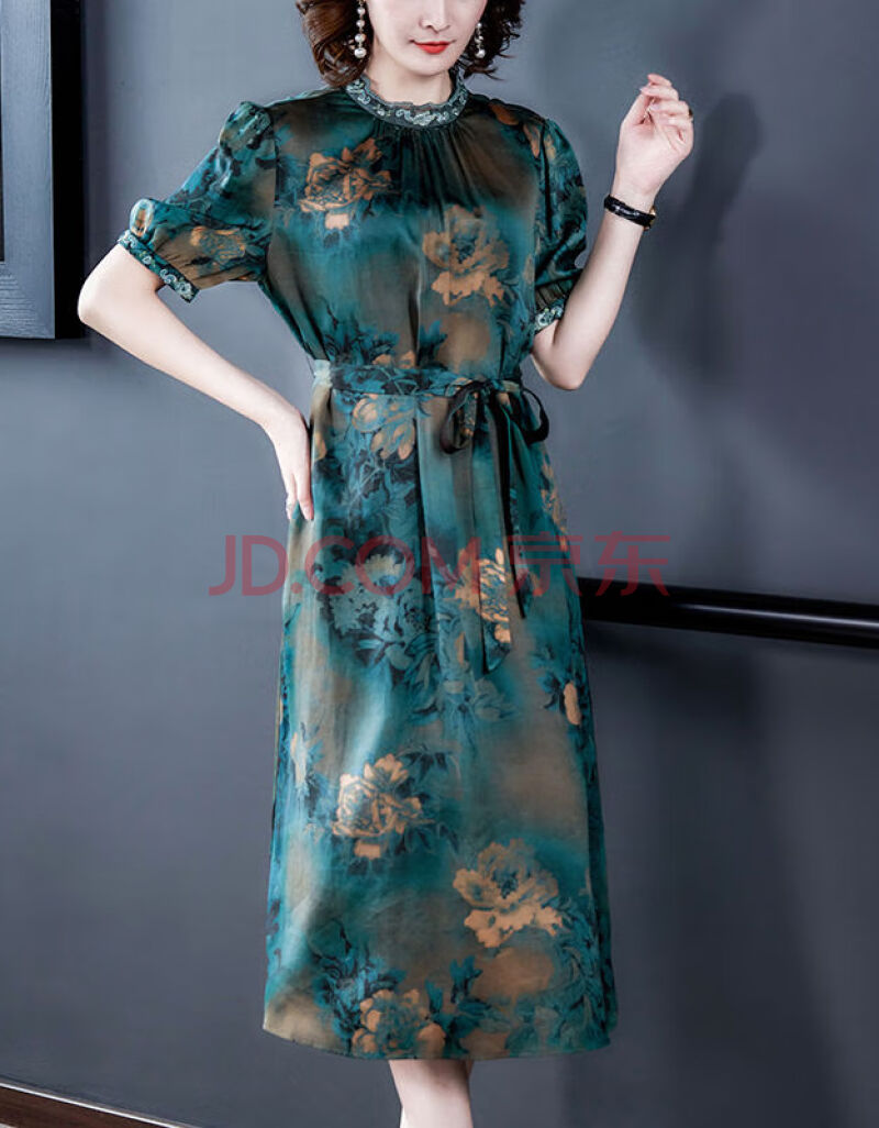 特价特价旗舰官方店品牌女装印花香云纱连衣裙女2020夏系带收腰显瘦