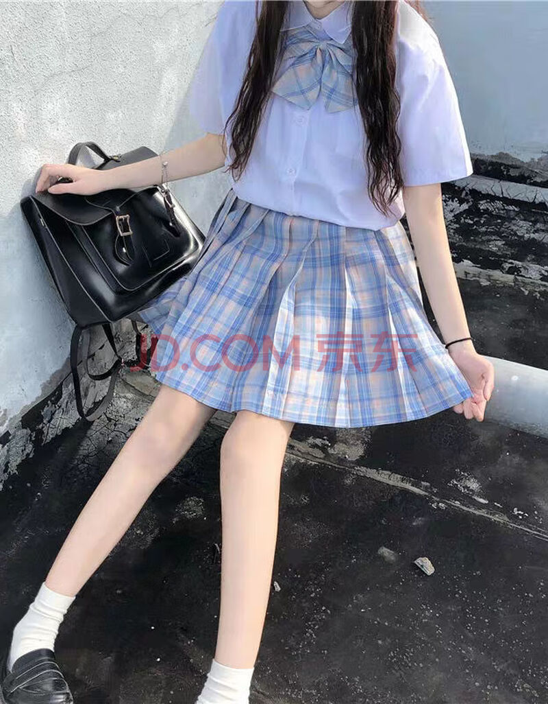 原创 粉格 学院风日系jk制服女学生宽松短袖衬衫格子百褶裙套装夏 单