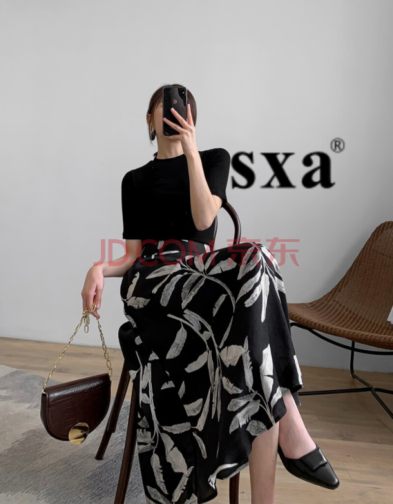 sxa 香港潮牌2020夏季新款黑色短袖t恤女中长款印花半身连衣裙气质两