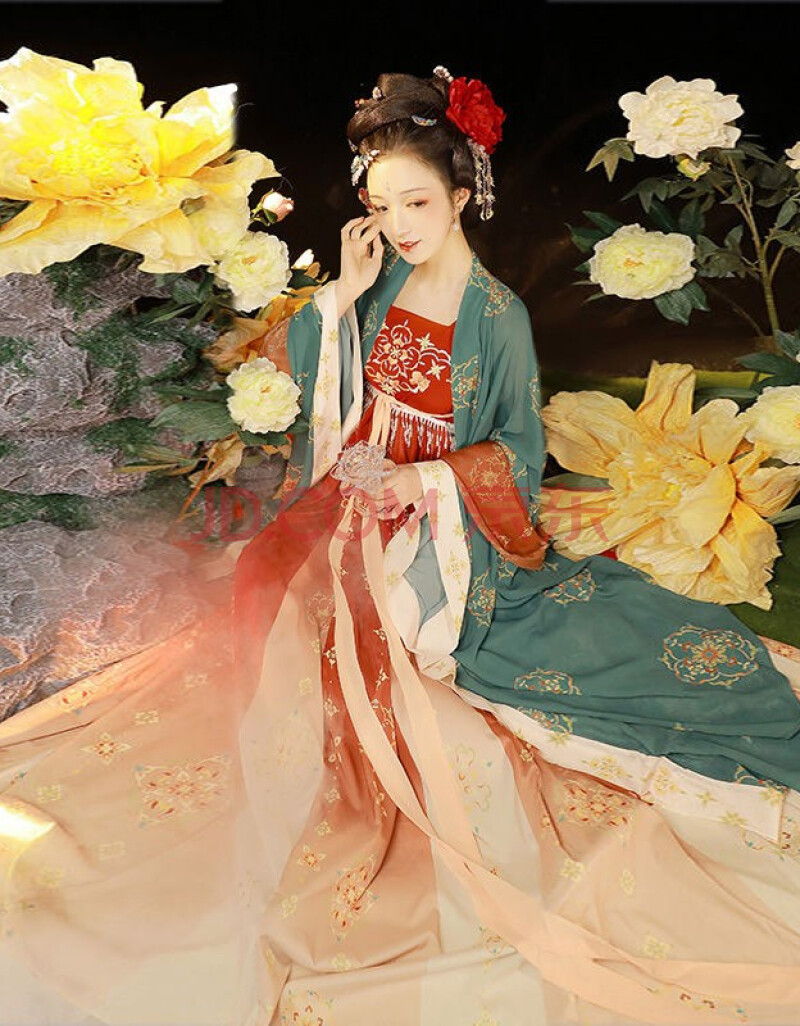汉服女唐制复原图女刺绣诃子裙套装日常古风演出服唐装 白鹧鸪 绿色六