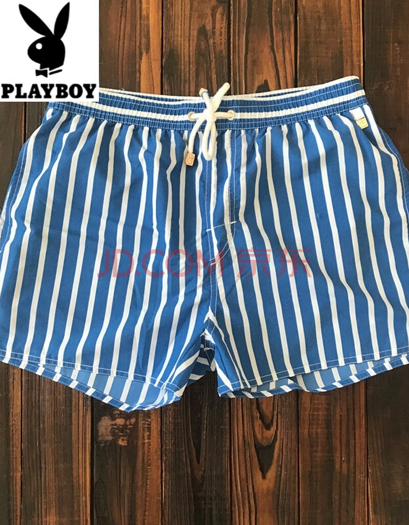 男 海边 度假 白色条纹短裤温泉游泳裤三分裤 带内衬 蓝色白条沙滩裤