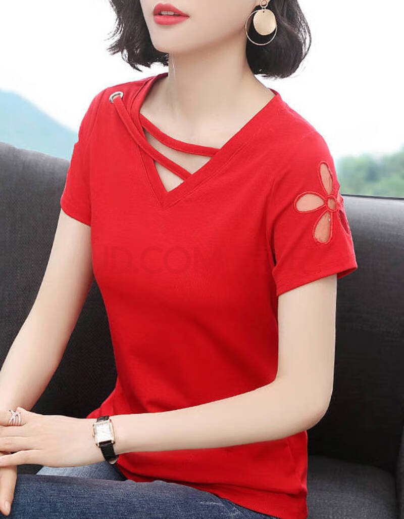 派瑞帝 夏季新款镂空v领短袖t恤女韩版宽松上衣b611d-gd 红色 m 70