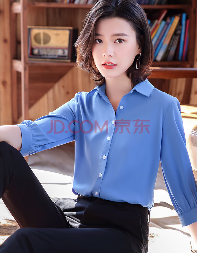 新款职业套装女夏商务正装工装工作服白衬衣清水蓝色衬衫n099黑裙子s