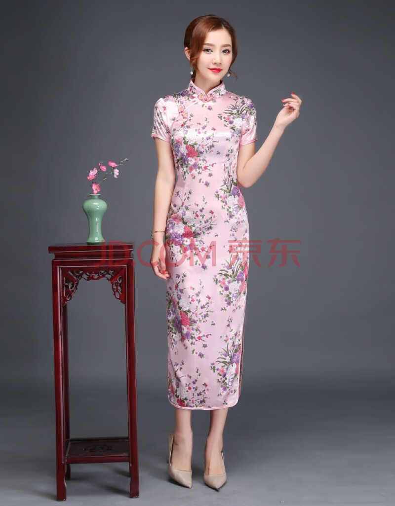 旗袍女大码长款春秋复古印花短袖中长款年会活动礼仪走秀演出服 短袖