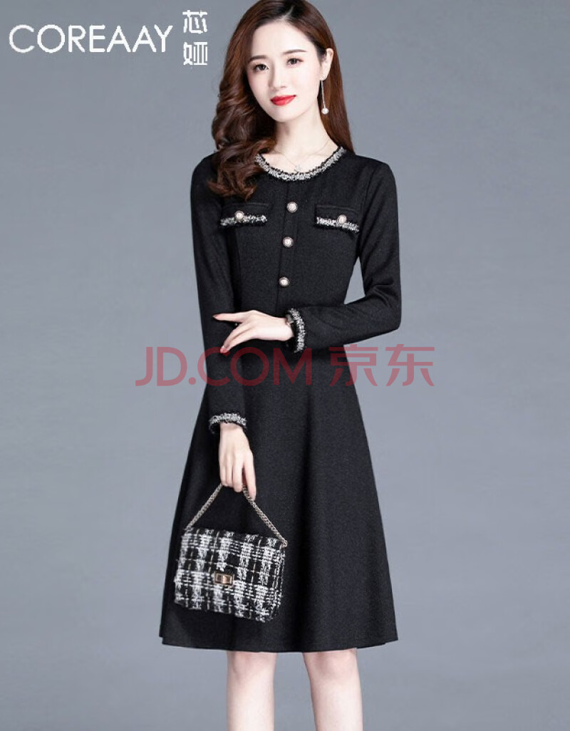 芯娅黑色连衣裙女春款女装2021年新款打底裙收腰显瘦气质长袖拼接裙子