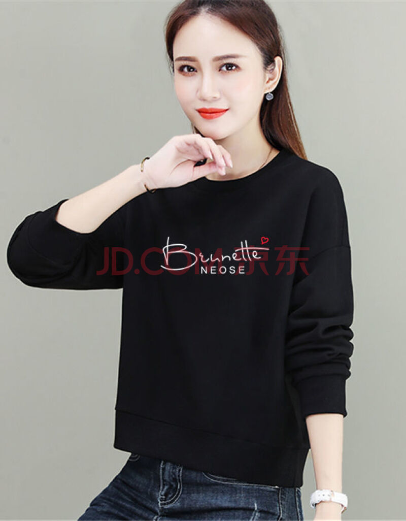 新款圆领无帽短款卫衣女ins潮韩版宽松春秋薄款时尚百搭长袖上衣黑色