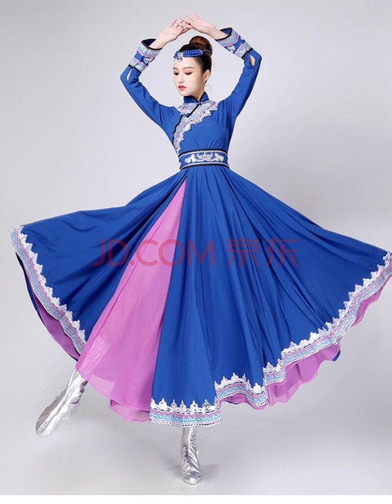 蒙古舞蹈服装演出服女现代民族风蒙古族服装艺考民族演出服饰 蓝色 s