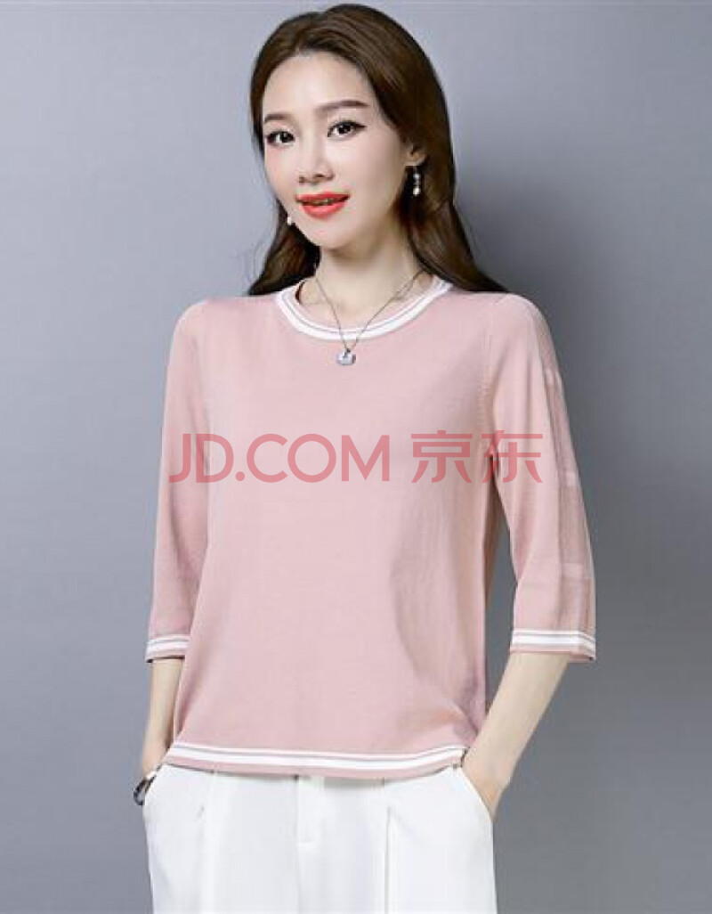 冰丝t恤女中袖薄款2021夏季新款镂空七分袖上衣百搭纯色t体恤 粉色 xl