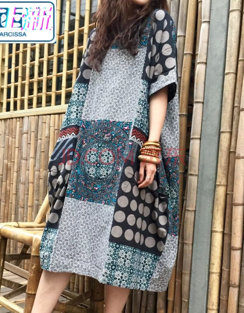 恒染 夏装新款民族风女装棉麻大花五分袖连衣裙圆领宽松大码胖大花袍