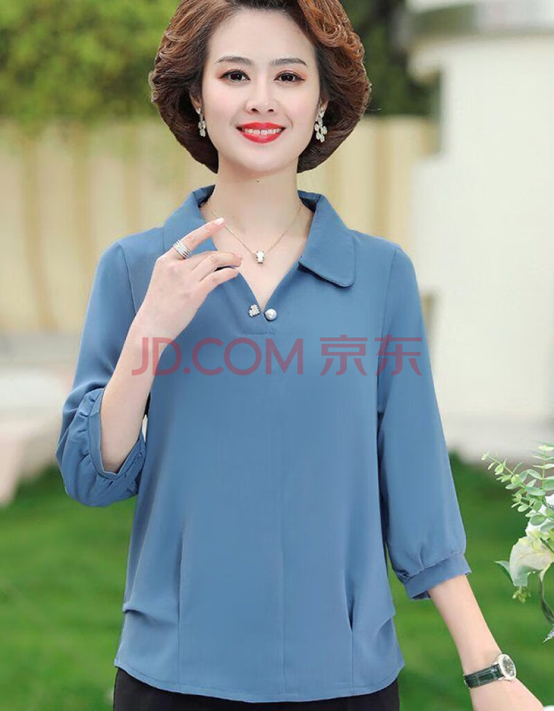 2021年新款4050岁妈妈装夏装短袖t恤中老年女装时尚雪纺衫上衣蓝色3xl