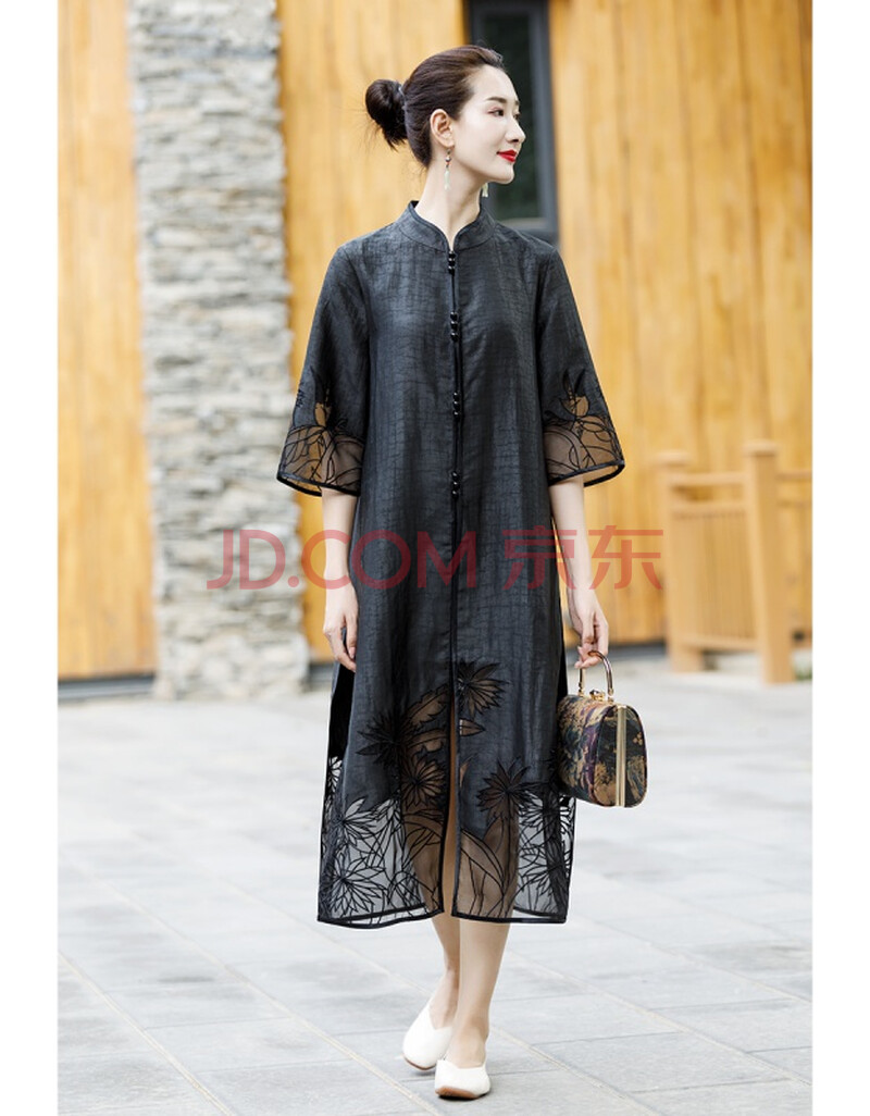 索特西女王轻奢真丝香云纱风衣女春夏薄款黑色中式立领绣花长款外披