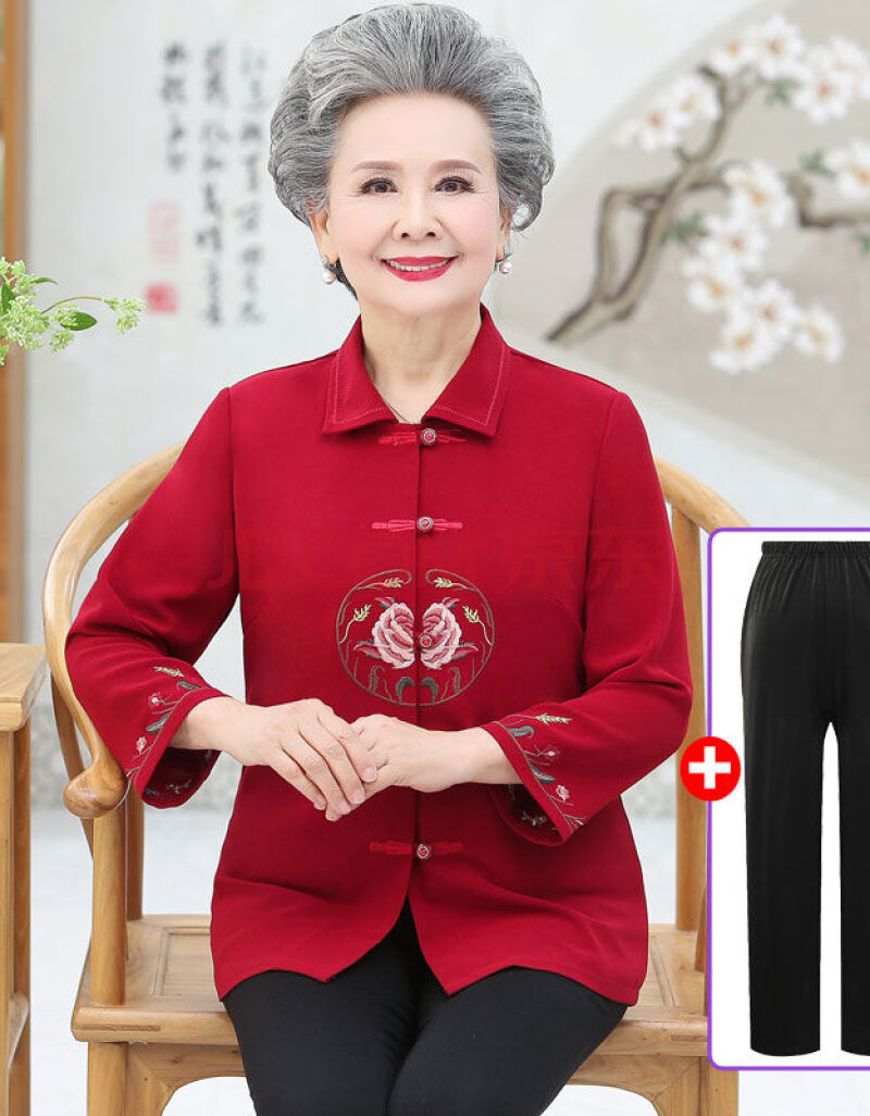 奶奶夏装衬衫长袖妈妈60-70岁衬衣老太太薄外套衣服 红色(上衣 裤子)