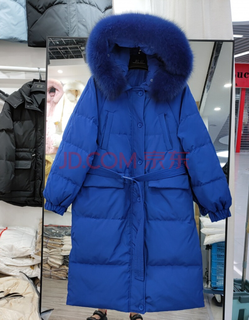款羽绒服女狐狸大毛领大口袋腰带宽松反季外套后达宜 宝蓝色狐狸毛领