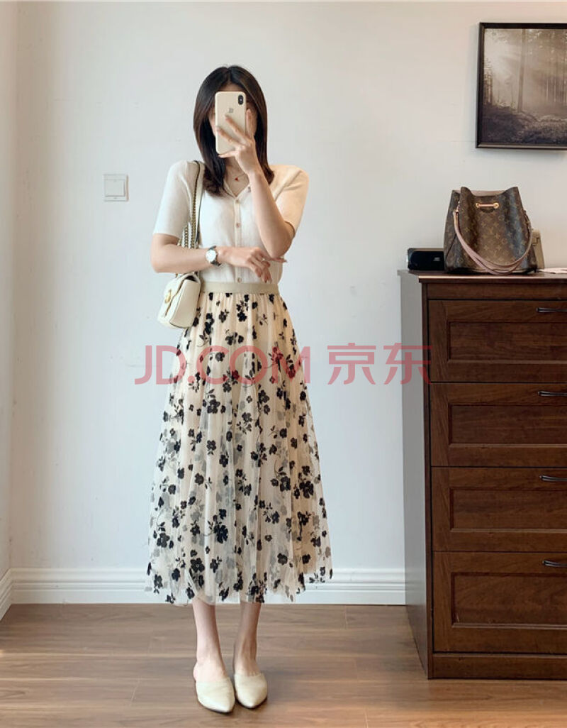纱裙女碎花半身裙仙女裙春夏新款百褶a字裙中长款高腰显瘦网纱裙 杏色