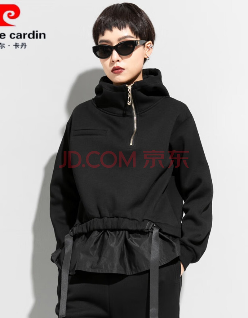 高街潮牌上衣假两件时尚短款卫衣外套加厚质感气质针织连帽卫衣 黑色
