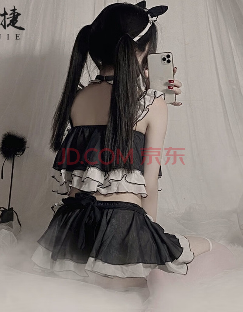 甜猫:吊带两猫女郎蝴蝶结蕾丝jk制服小女仆 粘人小喵喵喵~cy 黑色