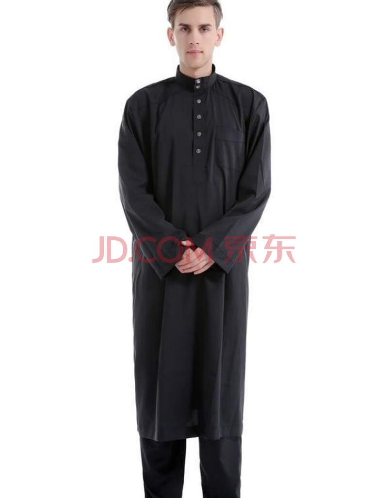 新款男士礼拜服长袍回族服装沙特迪拜长衫宽松维吾尔族男装套装 黑色