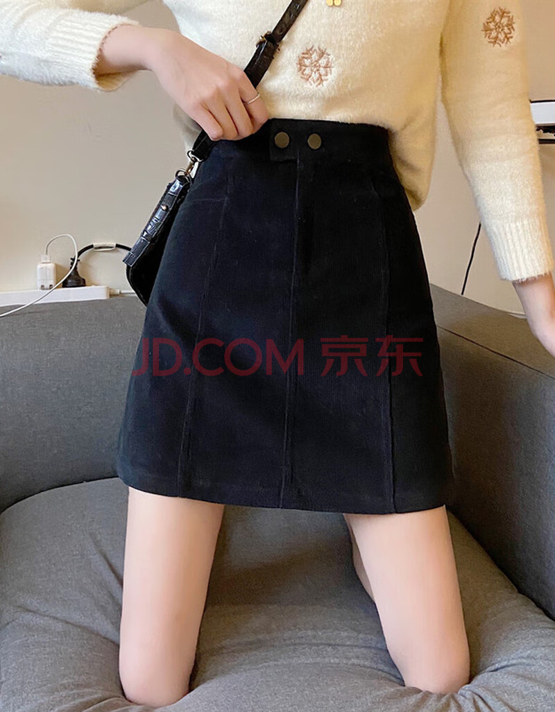 捡漏】胖半身裙女秋冬显瘦灯芯绒高腰字百褶裙高腰小短裙冬季潮 黑色
