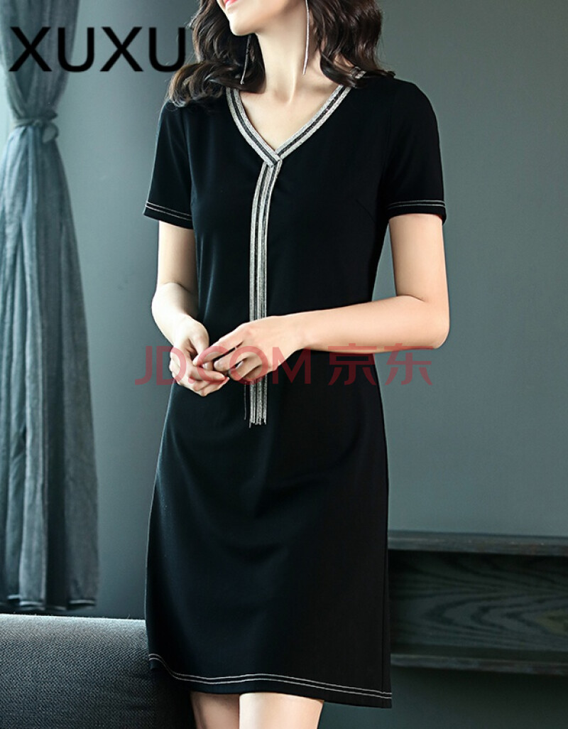 中长款连衣裙a字直筒裙女装夏季新款短袖v领收腰宽松显瘦短袖黑色xl