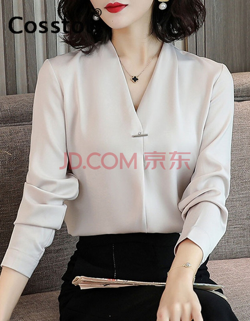 品牌女装 气质v领衬衫长袖上衣女2020新款早秋装上衣衬衣 香槟色 2xl
