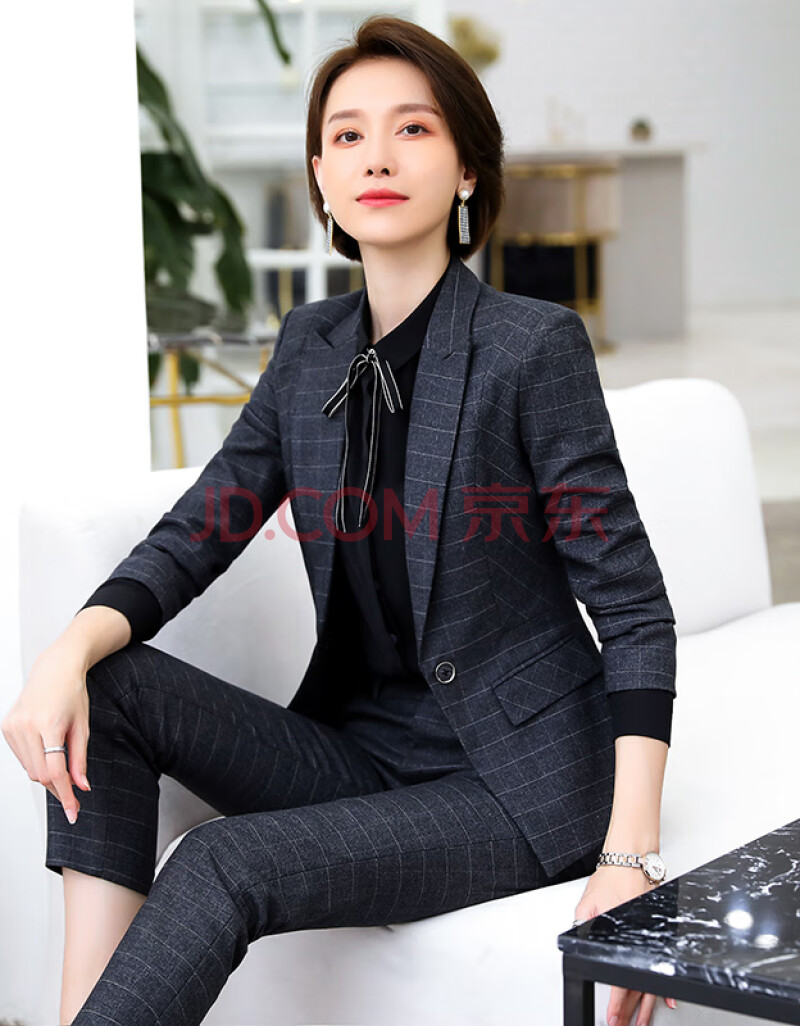 西服套装女2019秋新款正装气质灰格子面试正装ol高端西装工作服ol时尚