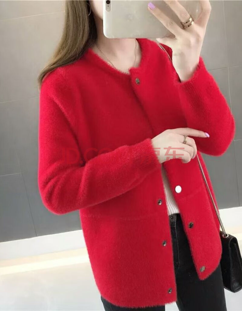 开衫毛衣女针织衫女宽松显瘦短款外套 针织衫春款女仿水貂绒短款红色
