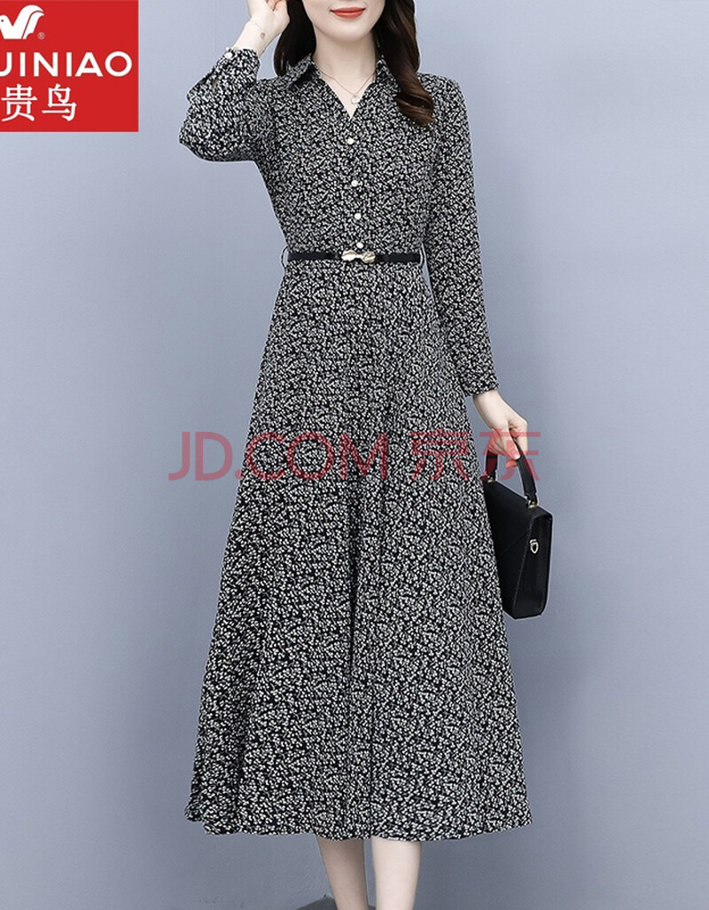 品牌早秋气质连衣裙秋冬季新款长款妈妈碎花polo领大摆裙秋季女装中年