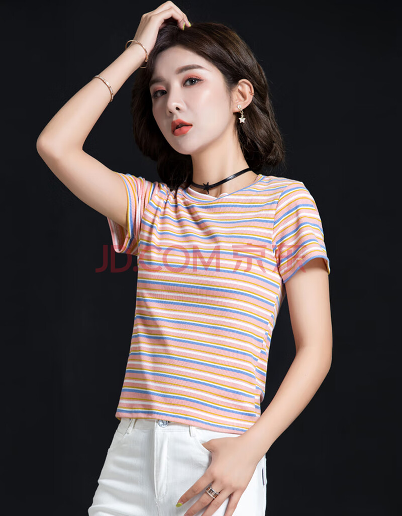 网小鱼彩色条纹t恤女短袖港风夏季ins潮短款上衣女2020新款显瘦洋气超