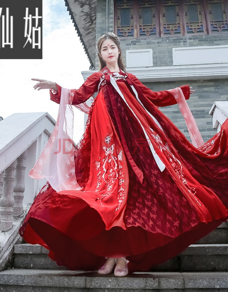 学生汉服女红色锦宫中国风学生古装超仙飘逸花嫁婚服6米大摆齐胸襦裙