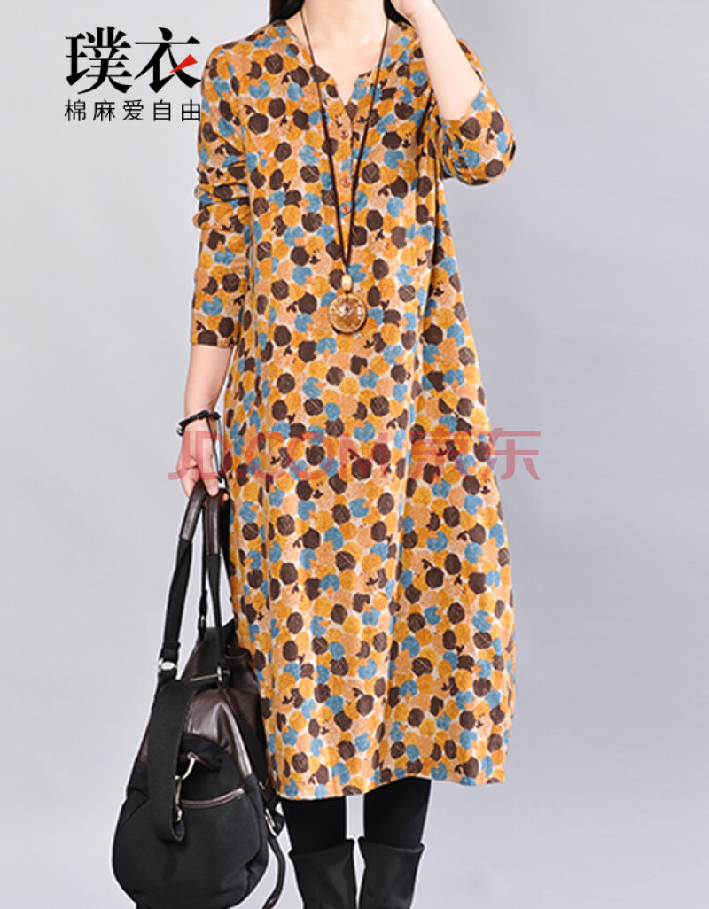 璞衣2019春装新款 女 棉麻风格女装韩版宽松大码休闲中长款圆点印花