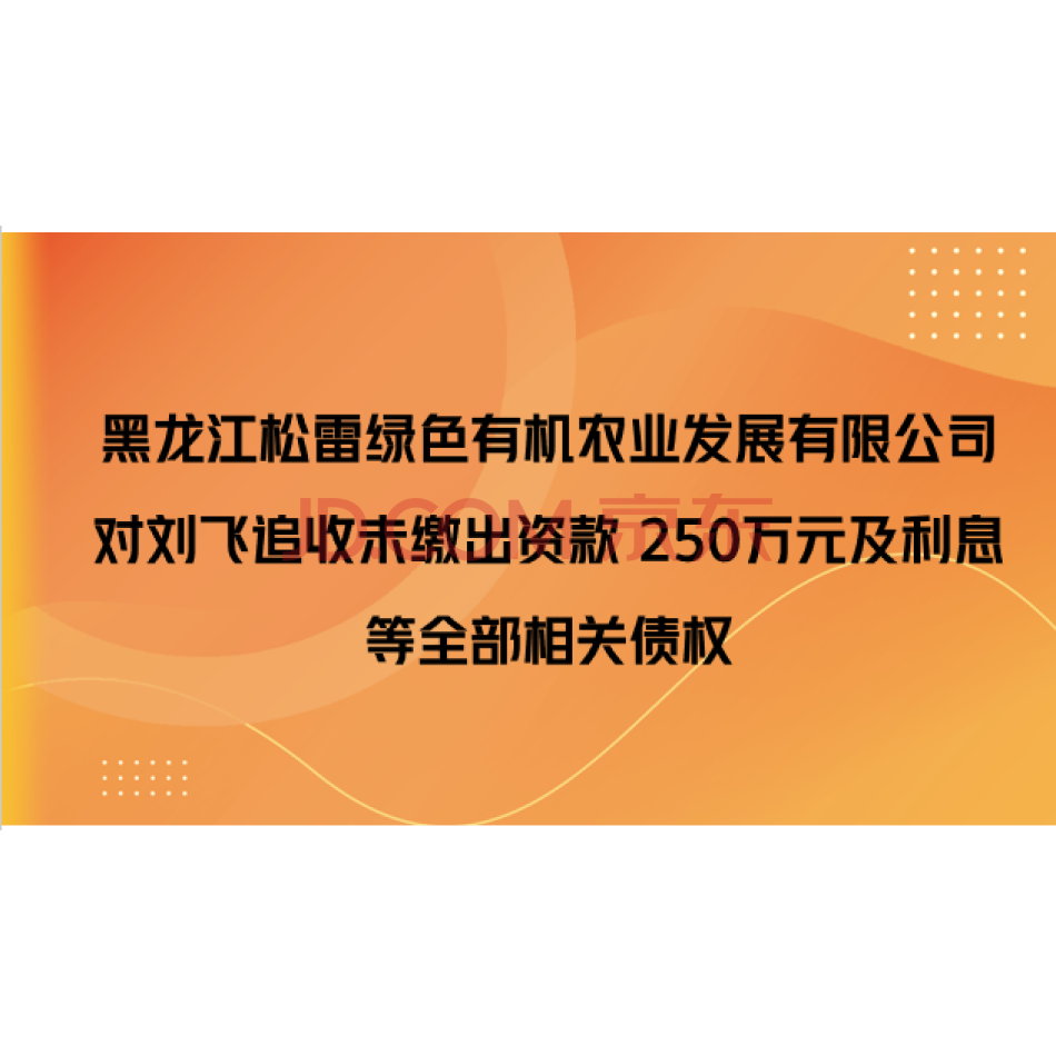 【第1次拍卖】（破产）黑龙江松雷绿色有机农业发展有限公司对刘飞追收未缴出资款 250万元及利息等全部相关债权