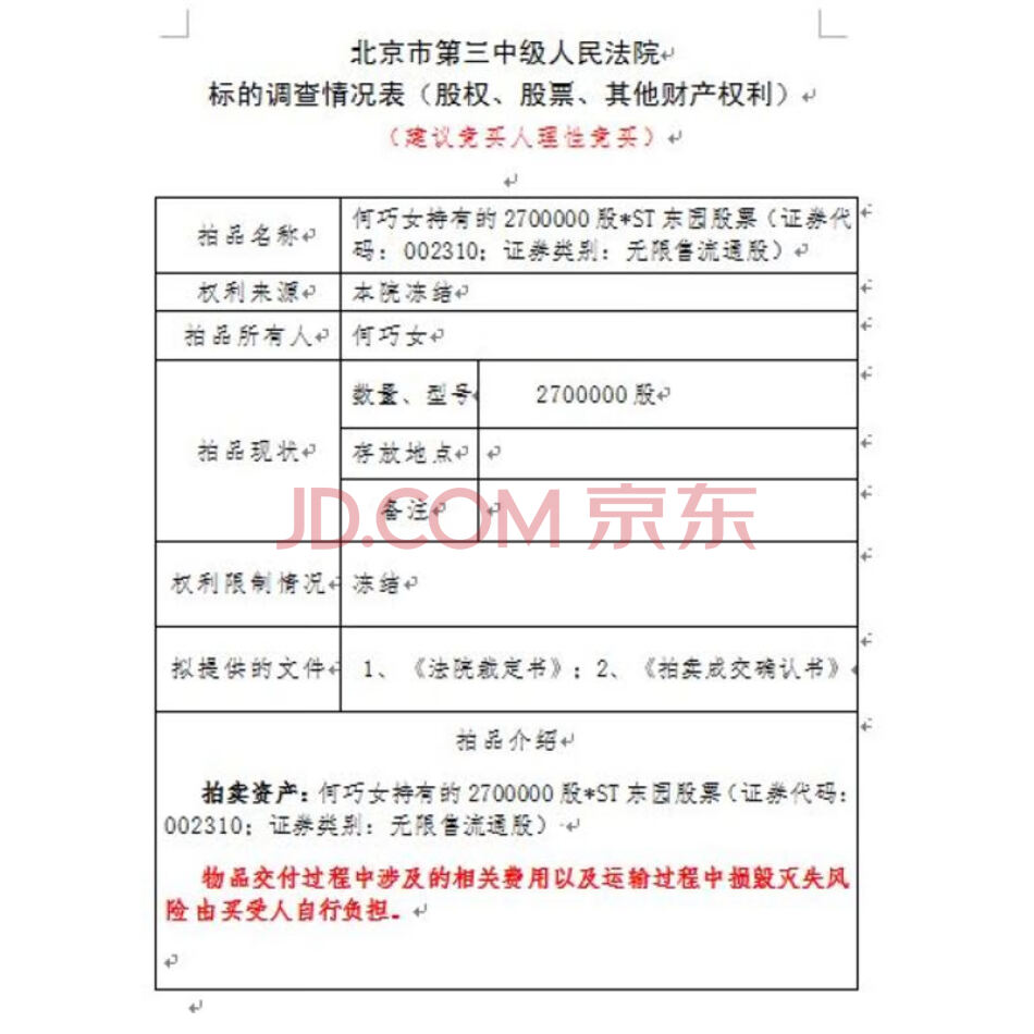 何巧女持有的*ST东园股票2700000股股票（证券代码：002310；证券类别：无限售流通股）