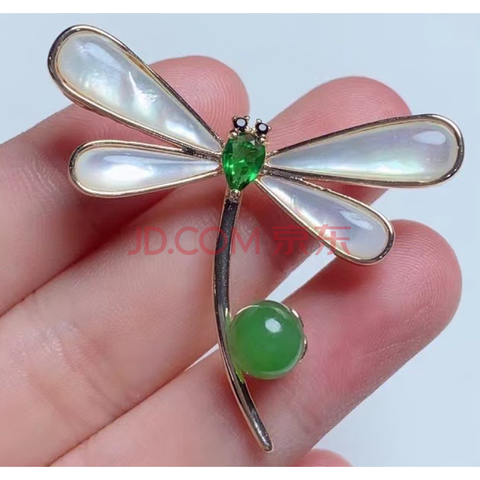 标的20：和田碧玉贝壳蜻蜓胸针规格8mm