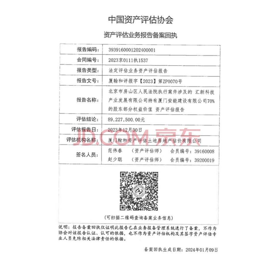 汇新科技产业发展有限公司持有的厦门安能建设有限公司名下70%股权