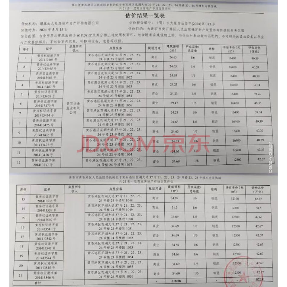 湖北省黄石市黄石港区花湖大道37号21、22、23、24号楼23、24号楼东方装饰城共21套一层商业房地产