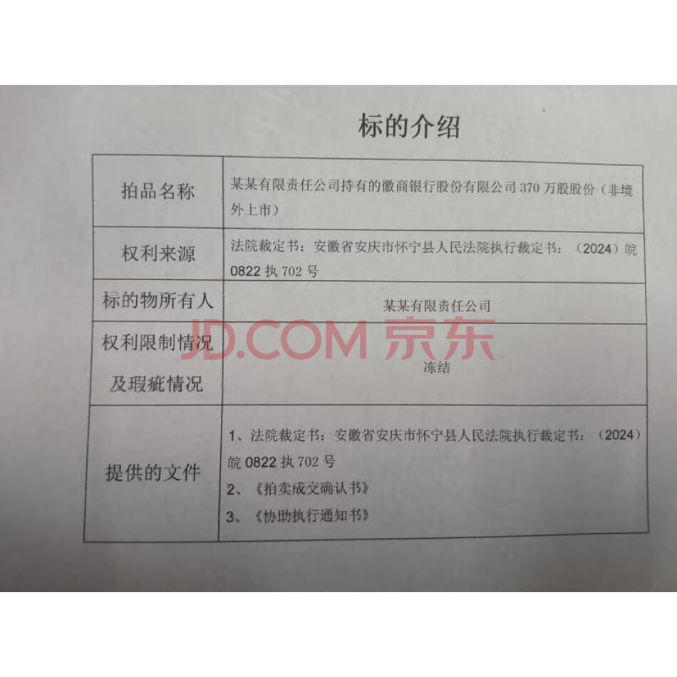 某某有限公司持有的徽商银行股份有限公司370万股股份（非境外上市）