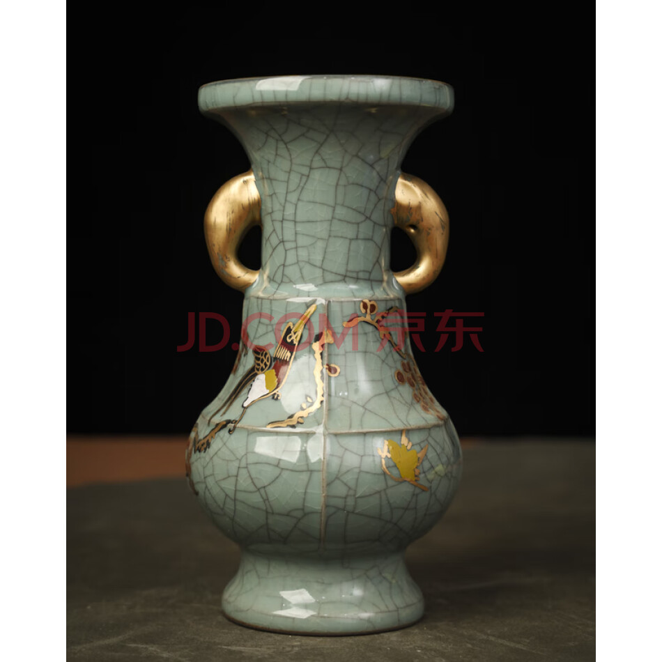 KA462号NE20开片瓷器《花卉》双耳瓶摆件