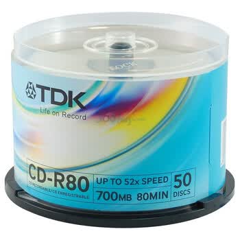 TDK CD-R 52速 700MB 彩面蓝色 50片桶装 刻录盘